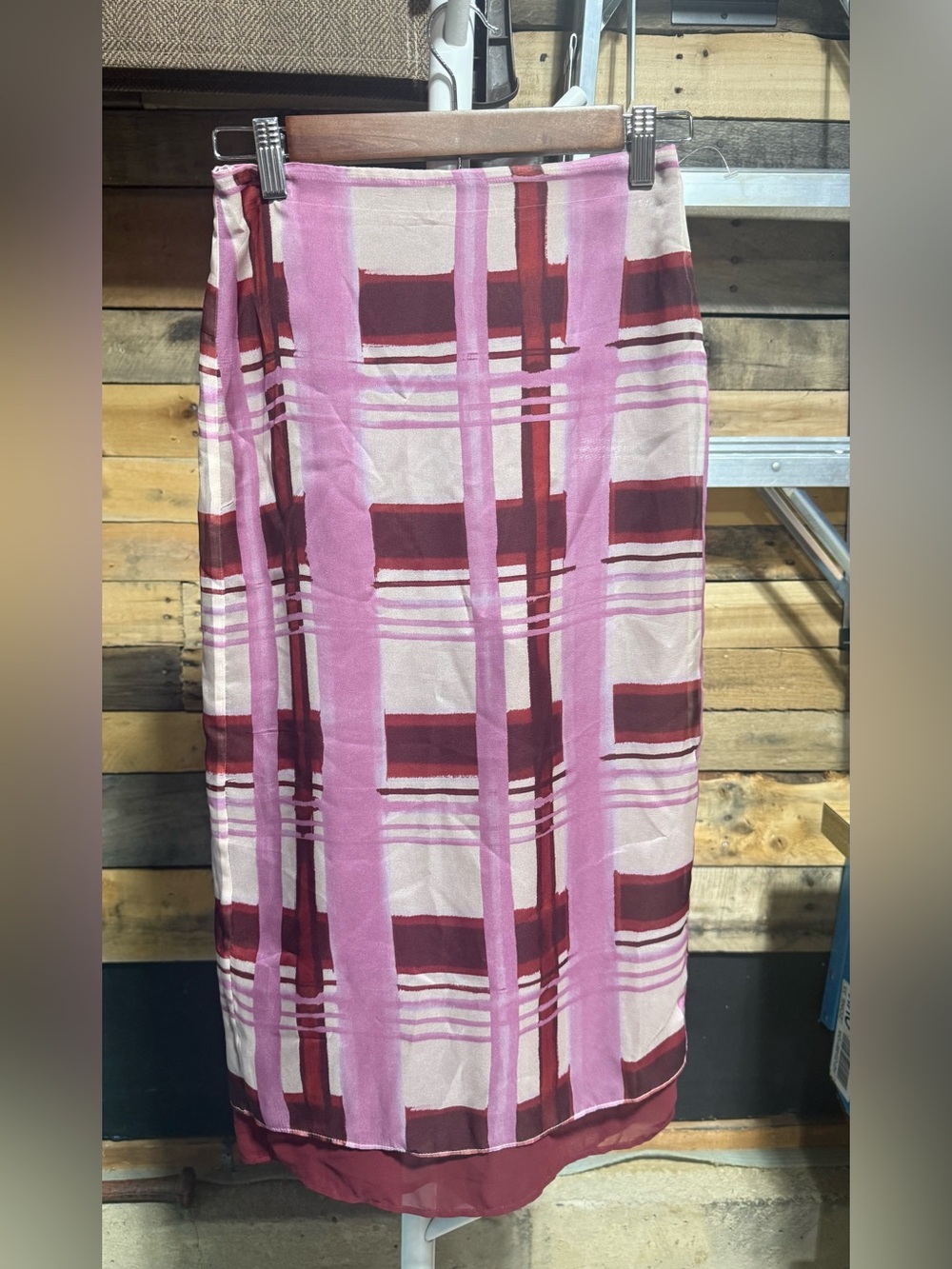 Zara Pink and Burgundy Plaid Midi Pencil Skirt XL Like New